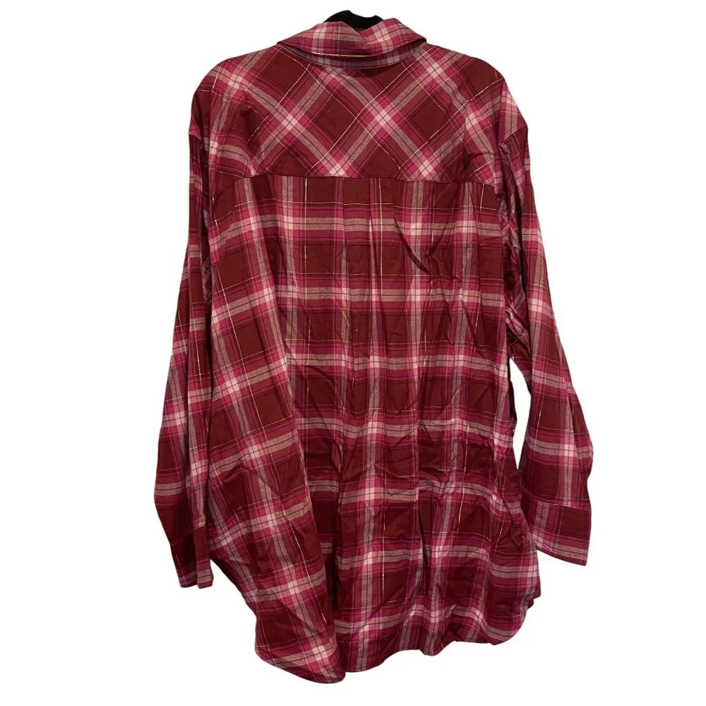NWT Lane Bryant Womens No-Peek Plaid Button-Up Shirt 34/36 Red Pink Cotton/Visco